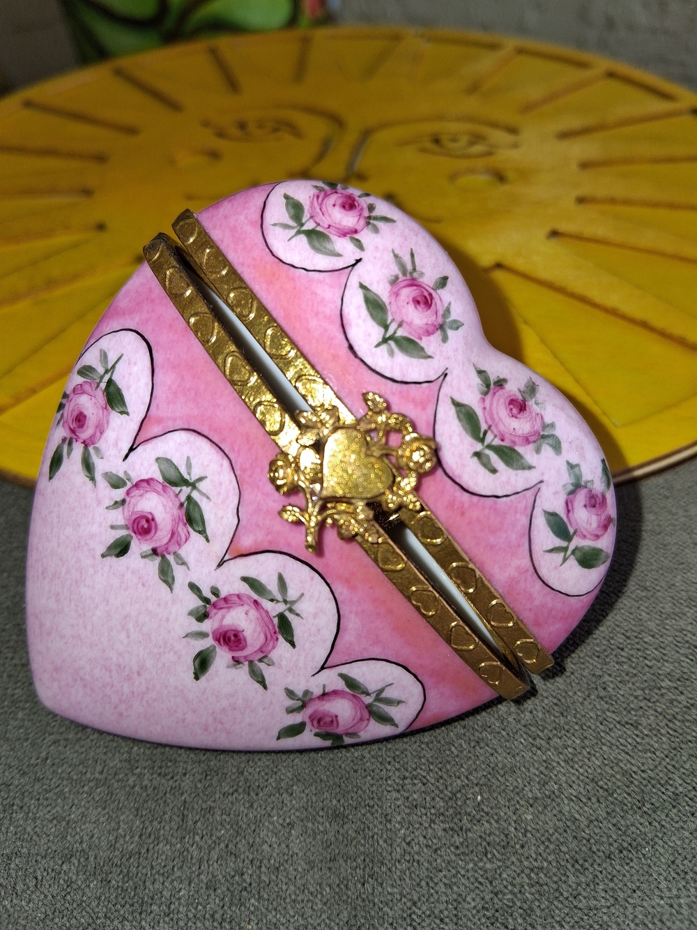 Heart-Shaped Pink Floral Porcelain Trinket Box with Gold Hardware